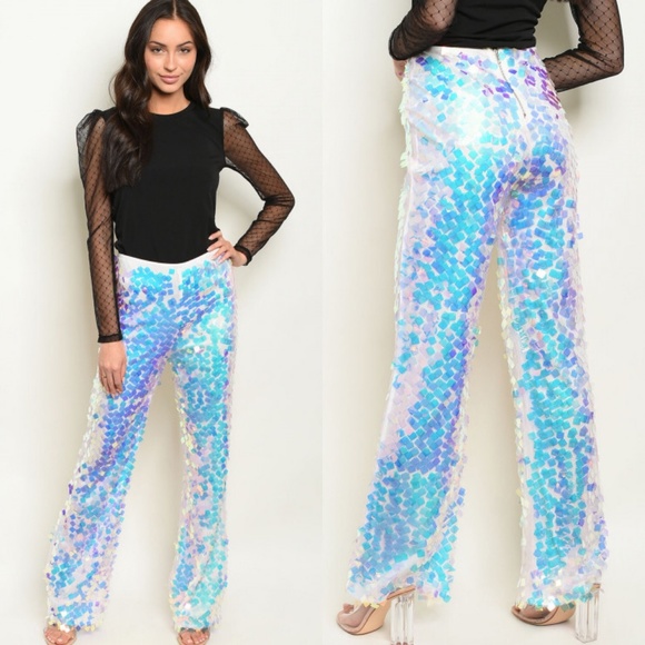 Hollywood Rage Wholesale Pants - Ladies Blue White Sequin Wide Leg Pants Bottoms